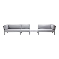 Modern gray outdoor sofa set with sleek metal frames and light gray cushions, featuring a minimalist design.