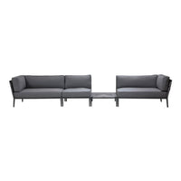 Gray outdoor sectional sofa with sleek fabric cushions and a minimalist black frame, perfect for modern patios.