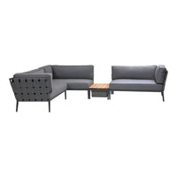 Modern outdoor sectional sofa in dark gray with sleek lines and a natural wood coffee table. Stylish and contemporary design.