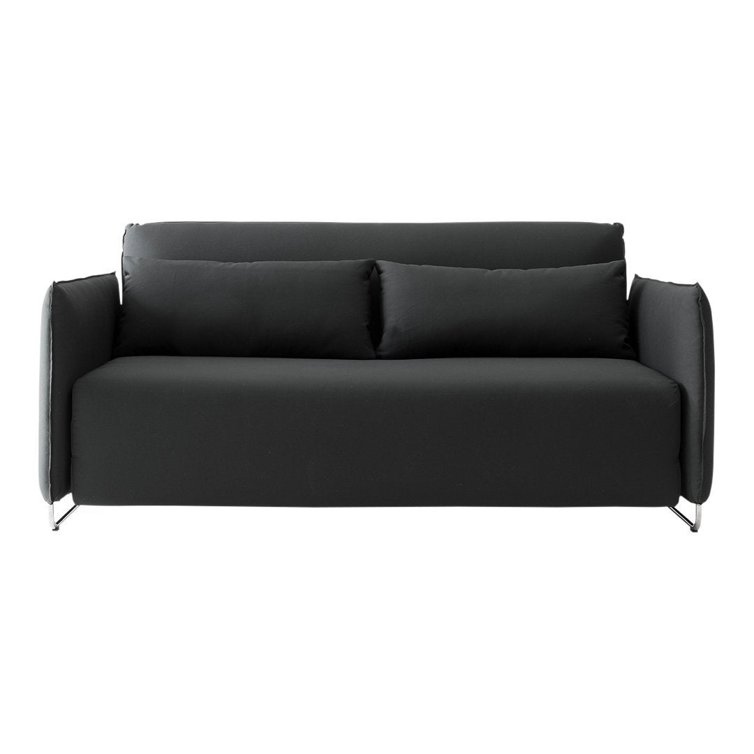 Modern black sofa with smooth fabric and sleek metal legs, featuring a minimalist design and no patterns. Perfect for stylish decor.