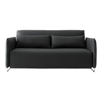Modern black sofa with smooth fabric and sleek metal legs, featuring a minimalist design and no patterns. Perfect for stylish decor.