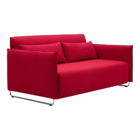 Vibrant red minimalist sofa with smooth fabric and sleek chrome legs, featuring plush cushions for comfort.