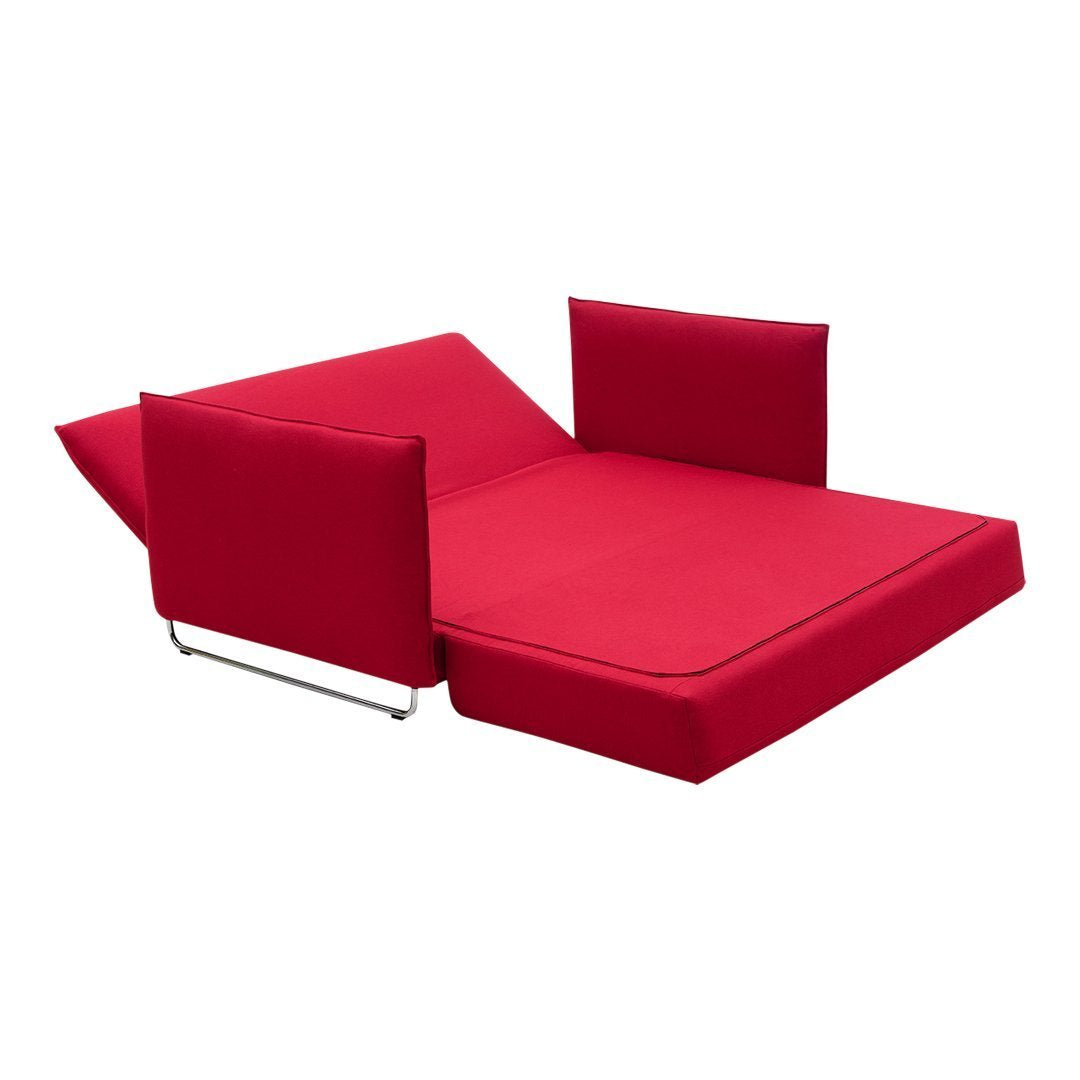 Red modern foldable sofa bed with sleek, minimalist design and solid color upholstery. Perfect for stylish spaces.