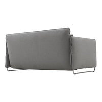 Modern grey sofa with minimalist design and smooth texture, featuring clean lines and a sleek metal base.
