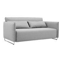Light gray sofa with clean lines and minimalist design, featuring two matching cushions and sleek metal legs.