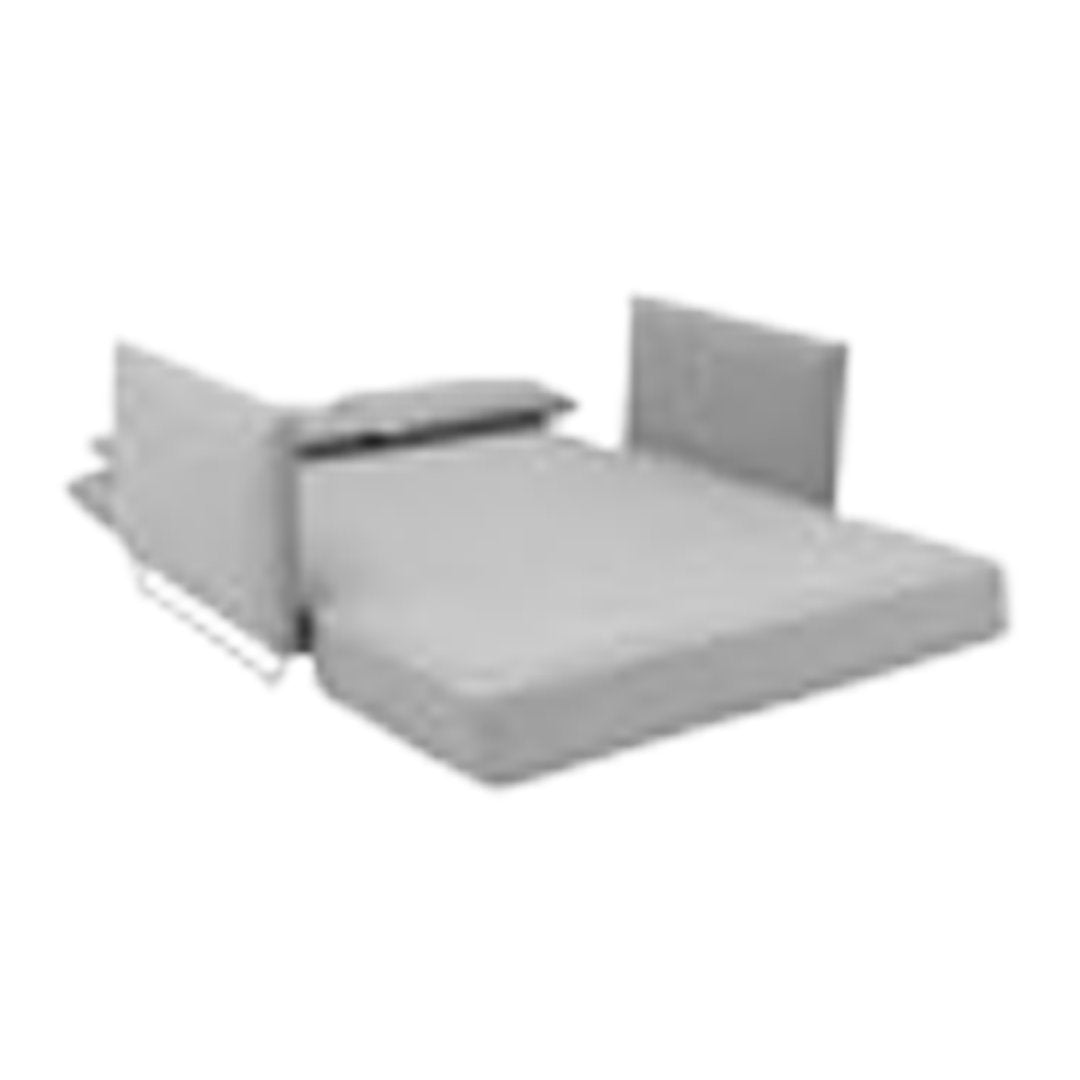 Gray fabric bed with sleek, modern lines and smooth, minimalistic design, featuring a solid color pattern.