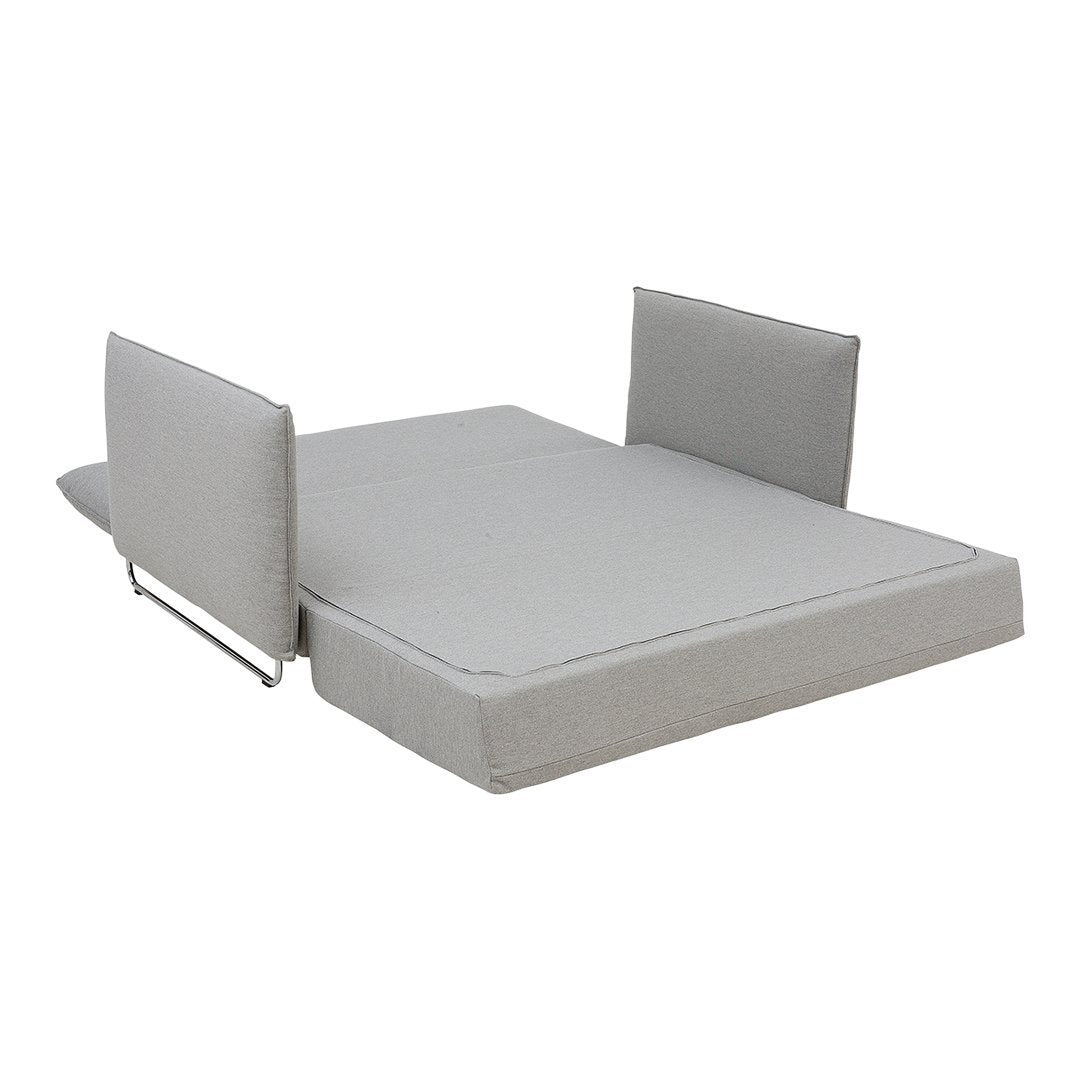 Gray upholstered bed with solid fabric pattern and simple, modern lines, featuring two padded headboards.