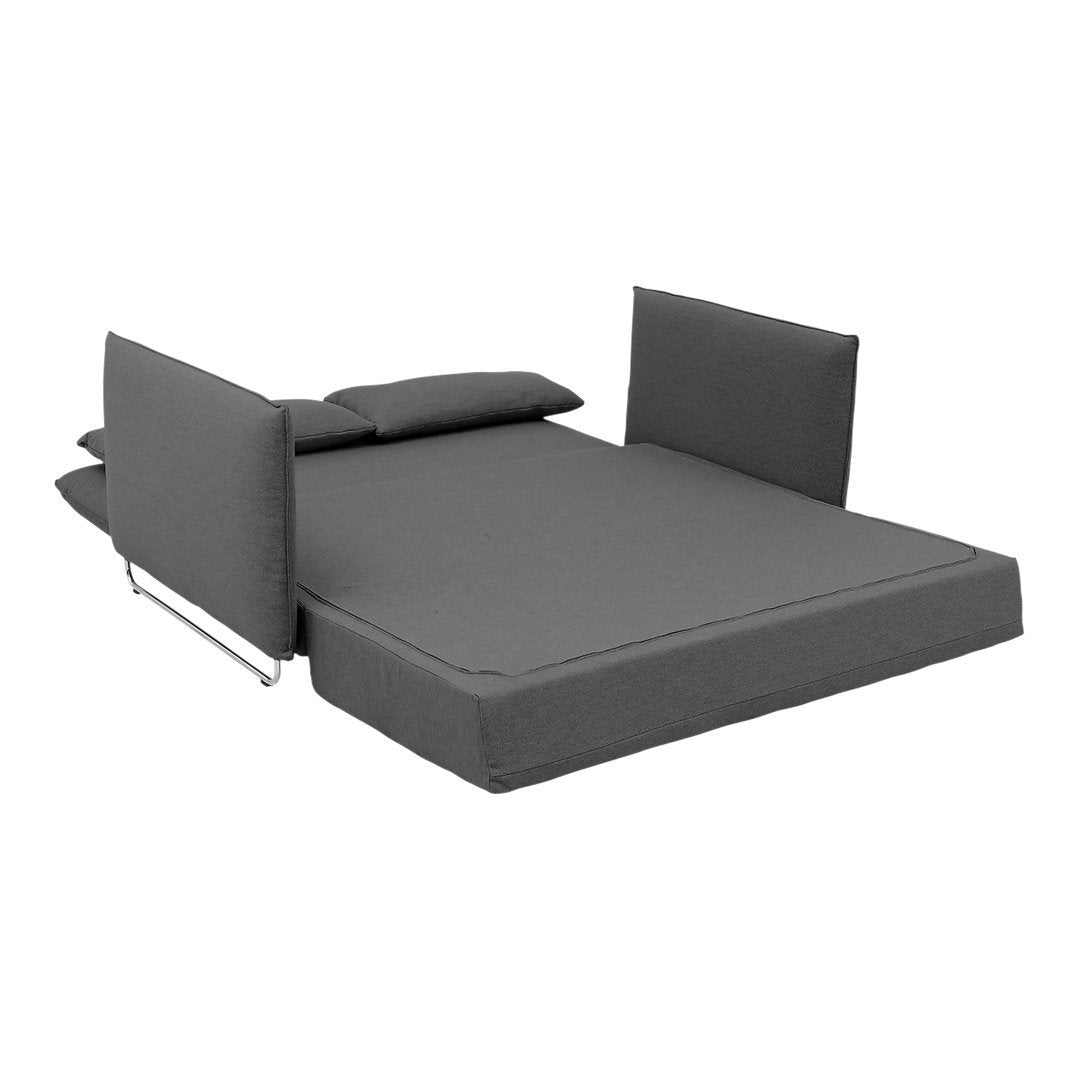 Gray modern sofa bed with smooth fabric and minimalist design, featuring clean lines and a contemporary look.