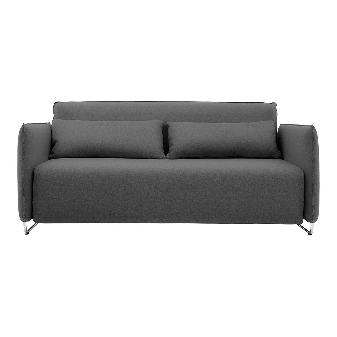 Grey upholstered sofa with a sleek, minimalist design and two matching cushions, perfect for modern decor.