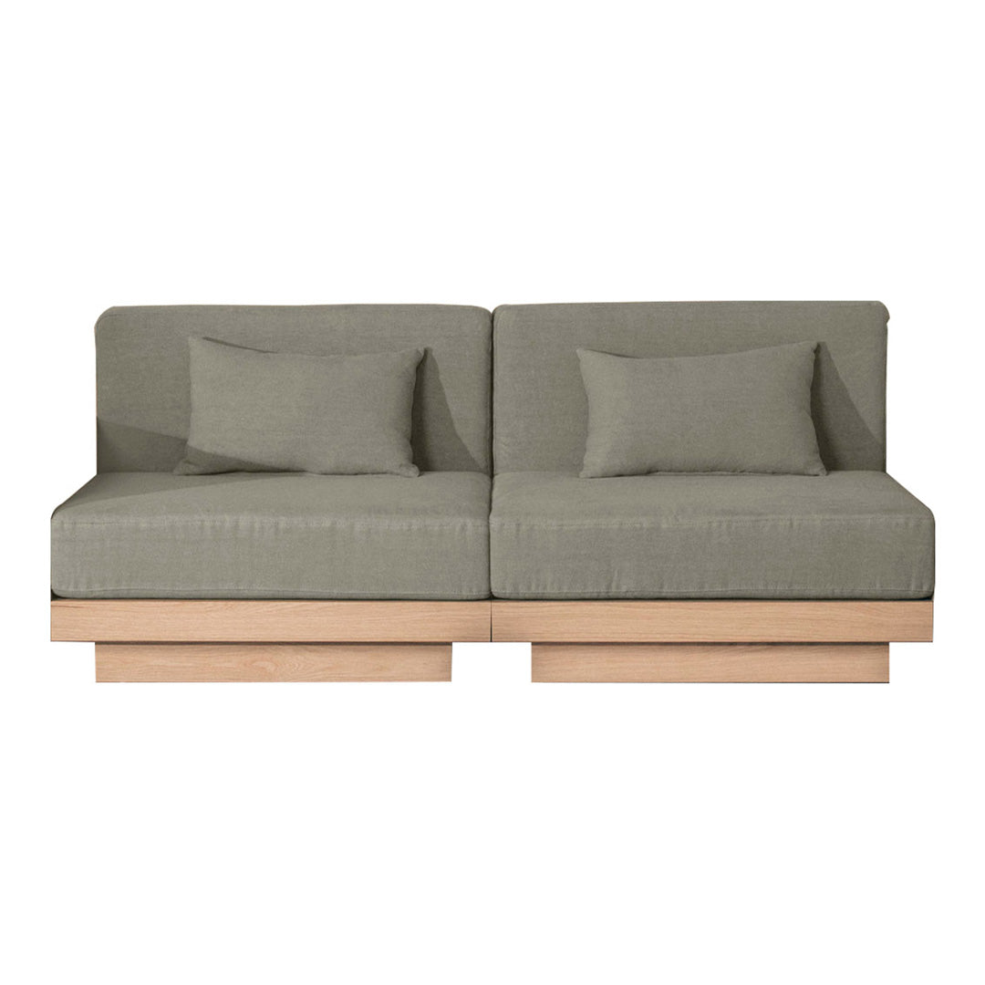 Gray two-seater sofa with a textured pattern and natural wood base, featuring matching cushions for added comfort.