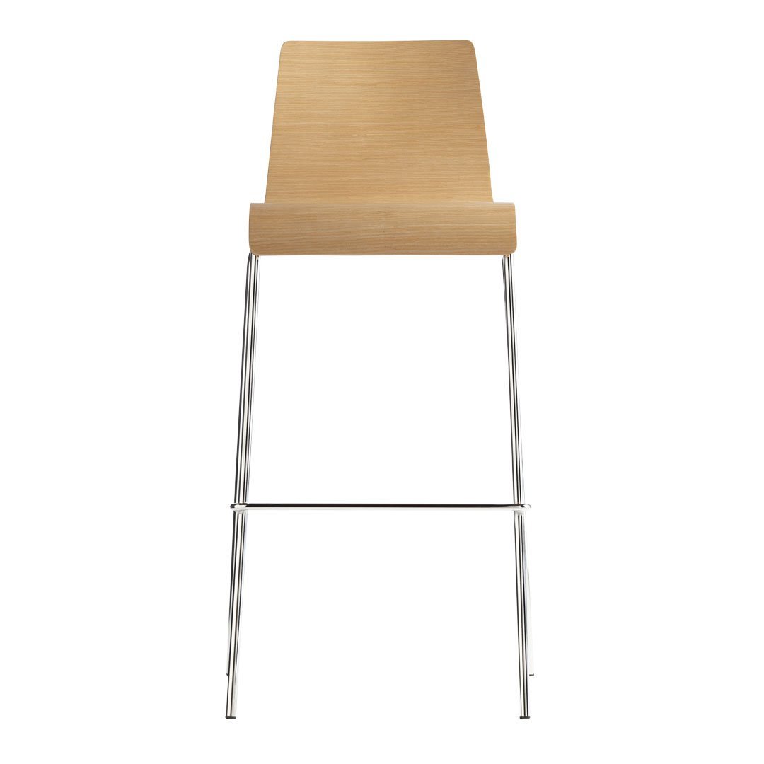 Light wood chair with a smooth finish, featuring a simple, modern design and sleek chrome legs.