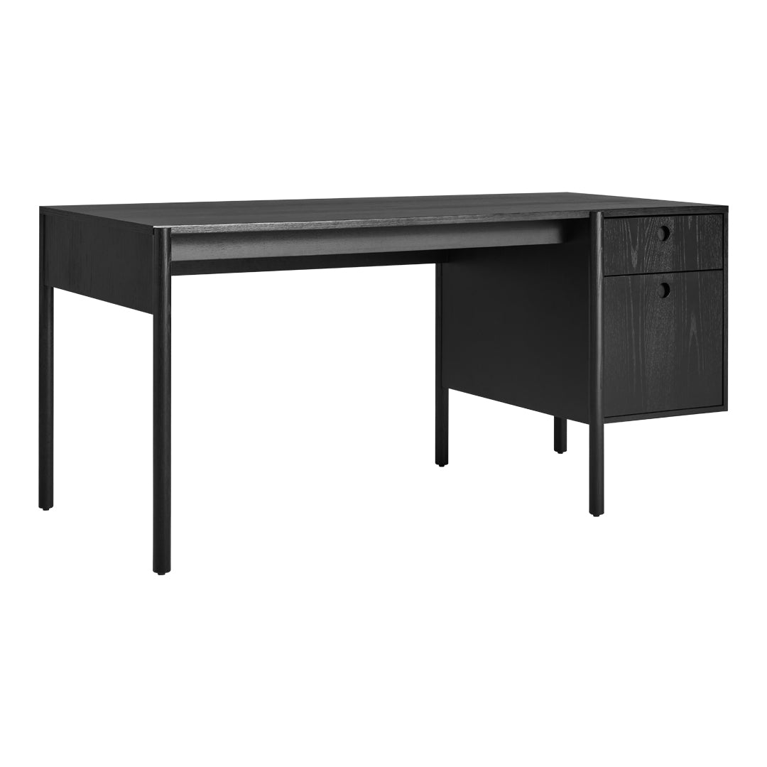 Black minimalist desk with a smooth finish and simple geometric lines, featuring two drawers for storage.