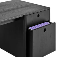 Black filing cabinet with a sleek wood grain pattern and vibrant purple hanging files peeking out of a side drawer.