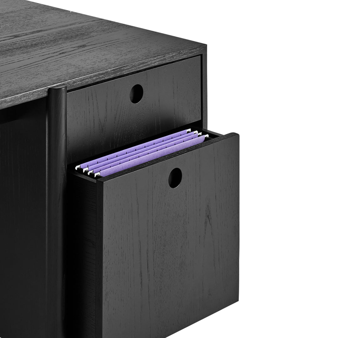 Black wooden drawer design featuring smooth texture and a contrasting purple file inside.