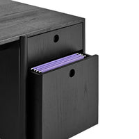 Black wooden drawer design featuring smooth texture and a contrasting purple file inside.