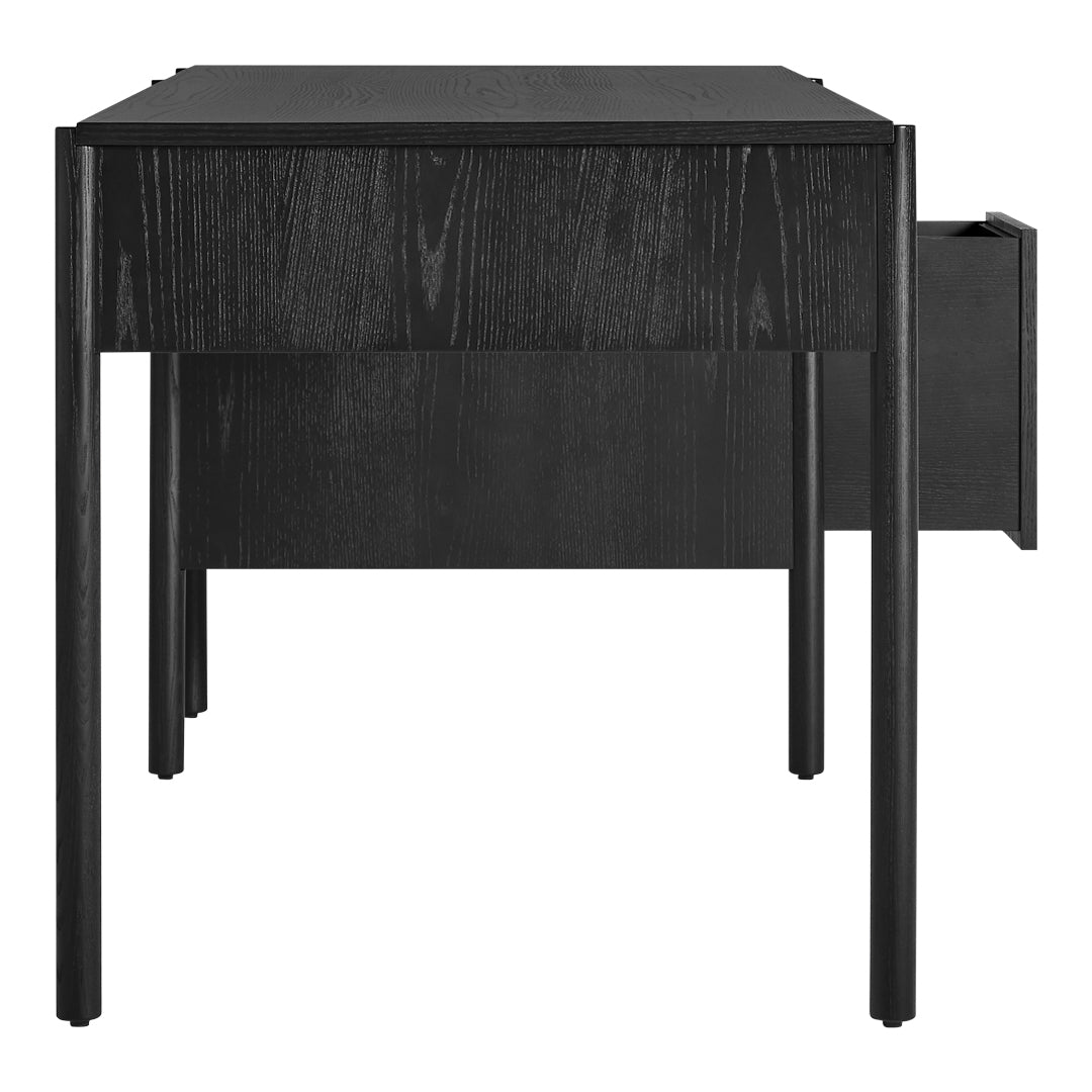 Black wooden side table with a sleek, minimalist design and textured drawer front. Modern and elegant aesthetic.
