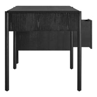 Black wooden side table with a sleek, minimalist design and textured drawer front. Modern and elegant aesthetic.