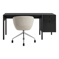 Modern black desk with smooth finish, paired with a beige fabric swivel chair, featuring a sleek chrome base.