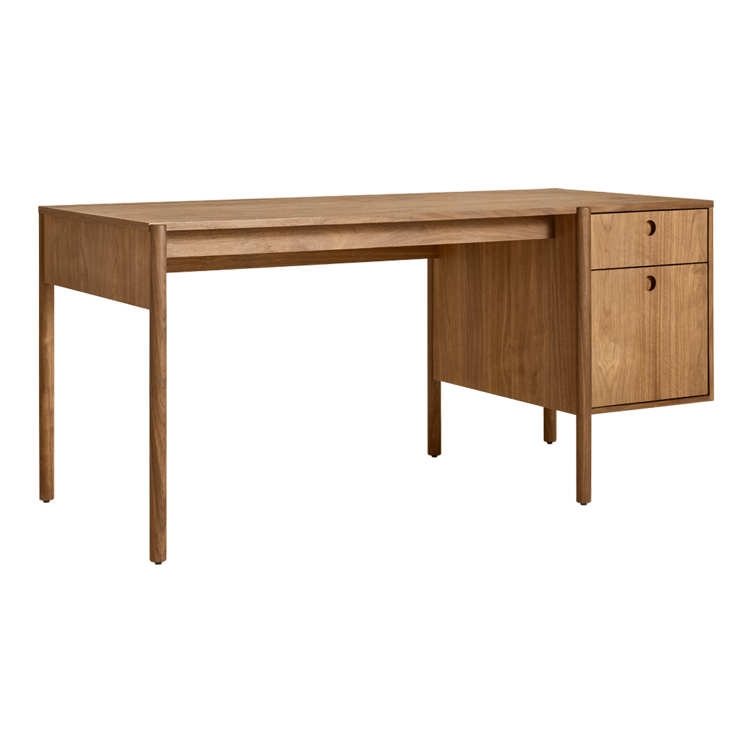 Light wood desk with a smooth finish, featuring natural grain patterns and minimalist design, perfect for any workspace.