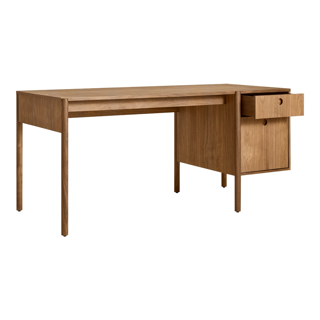 Light oak wood desk with a smooth finish and minimalist design, featuring simple drawer and open storage.