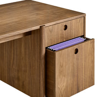 Wooden desk with a rich brown finish, featuring smooth surfaces and minimalist design; includes purple file folders.