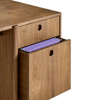 Wooden desk with a rich walnut finish, featuring sleek lines and a textured surface. Purple file folders are partially visible.