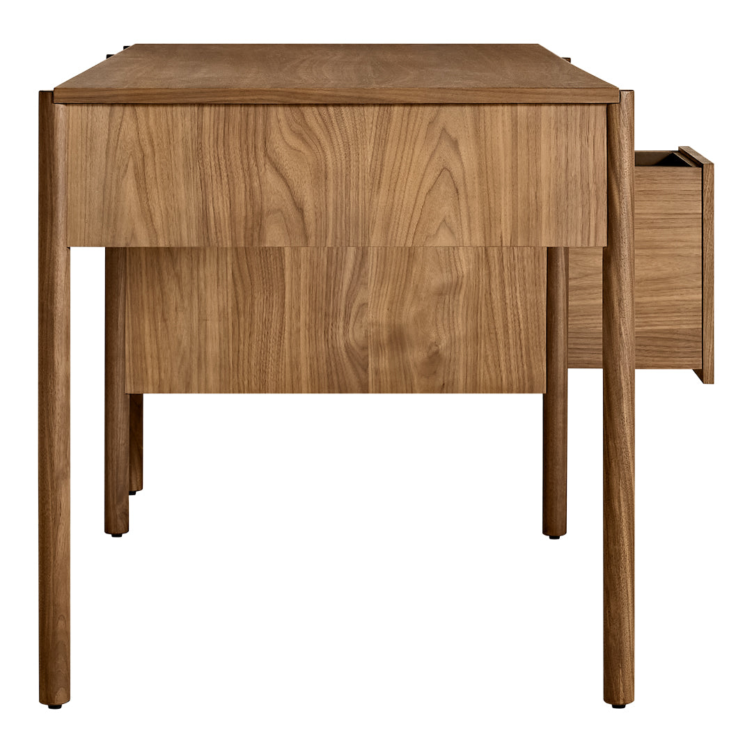 Wooden nightstand in warm walnut finish with smooth, minimalist design and subtle grain patterns.