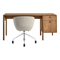 Wooden desk with natural finish and beige fabric chair; sleek design with minimalistic patterns and subtle textures.