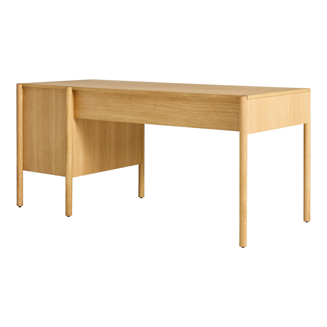Light natural wood desk with a smooth finish and minimalist design, featuring clean lines and simple forms.