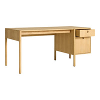 Light wood desk with a natural finish and minimalistic design, featuring a smooth surface and simple drawer.