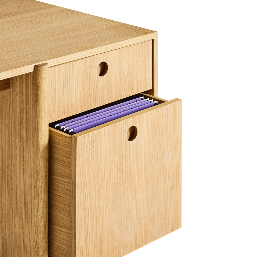Light wooden cabinet featuring natural grain pattern with a soft golden hue and purple file folders peeking out.