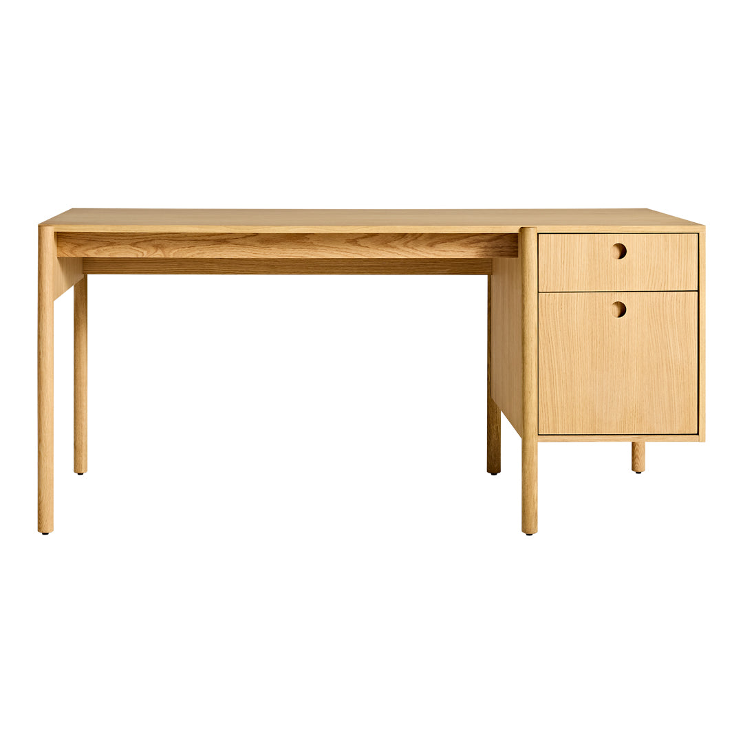 Light oak wood desk with a smooth finish, featuring a minimalist design and two drawers. Ideal for modern workspaces.