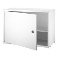 White modern cabinet with a glossy finish and sliding door, featuring a sleek design and simple interior shelving.