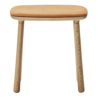 Natural wood legs with a light tan leather seat, showcasing a minimalist design and smooth surface.