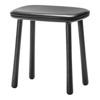Black wooden stool with a smooth, sleek seat and four sturdy legs, perfect for minimalist decor.
