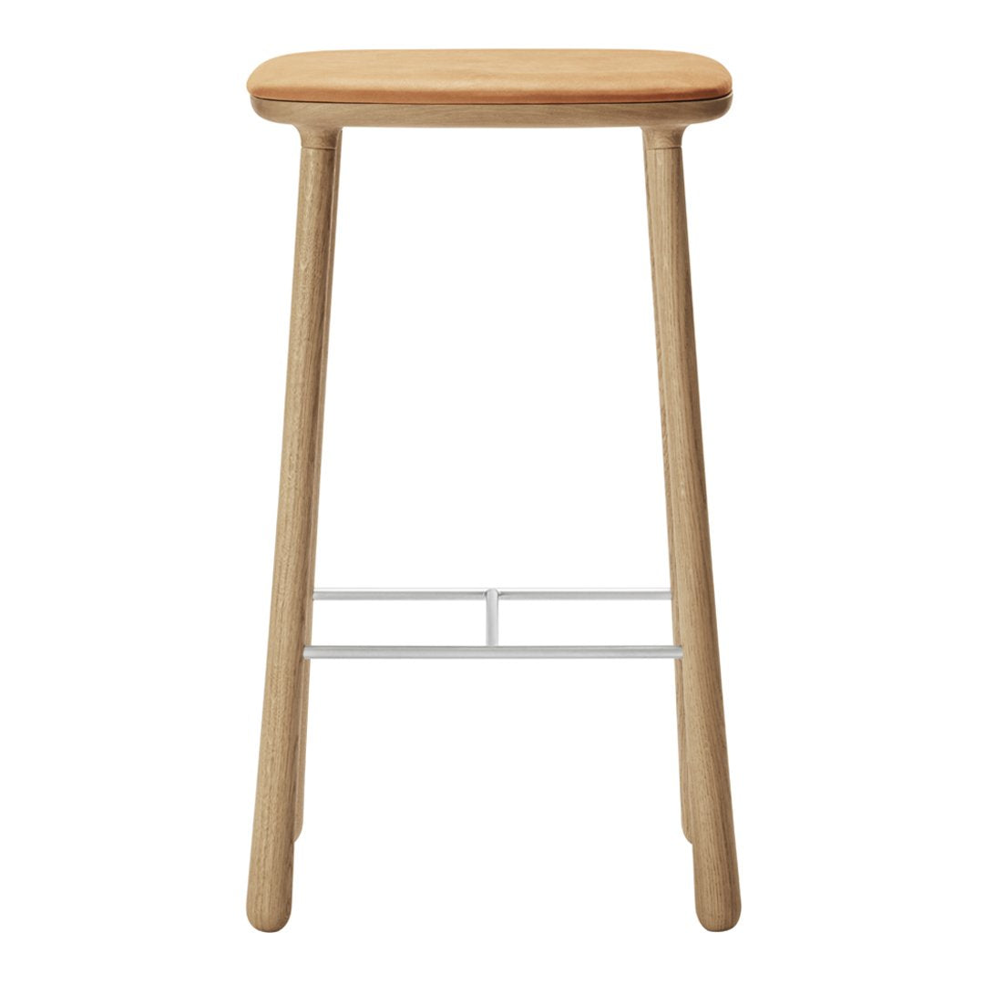 Natural wooden bar stool with a smooth, light wood finish and simple, minimalist design.