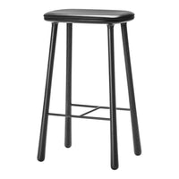 Black bar stool with a simple, sleek design and smooth, solid black surface, perfect for modern decor.