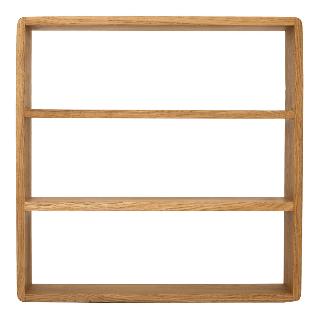 Natural oak wooden shelf with a smooth finish and clean lines, showcasing a minimalist design in light brown tones.