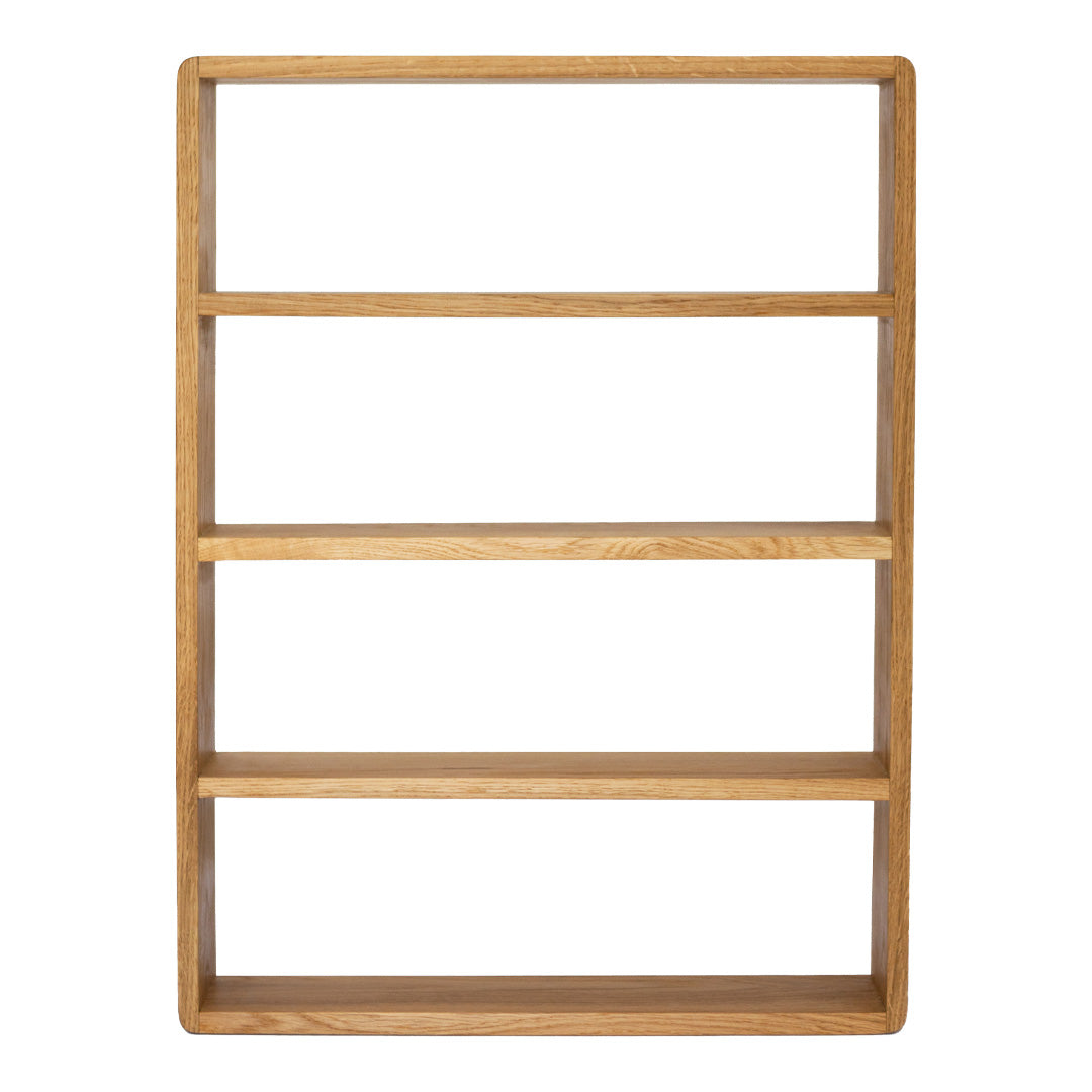 Natural oak bookshelf with a smooth finish and four open shelves, showcasing a light wood grain pattern.