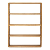 Natural oak bookshelf with a smooth finish and four open shelves, showcasing a light wood grain pattern.