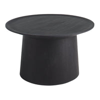 Black round coffee table with a smooth finish and minimalist design, featuring a cylindrical base.