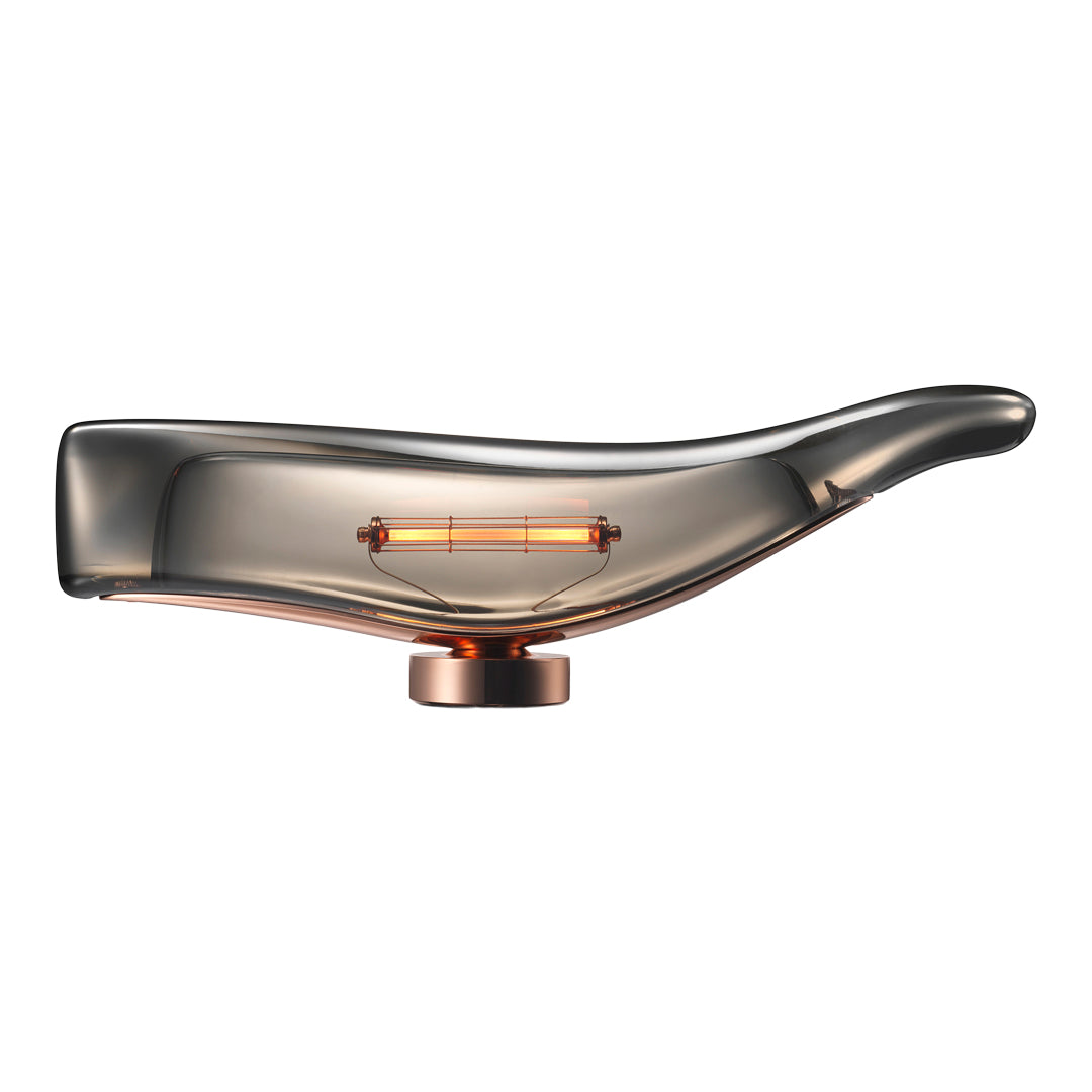 Sleek amber glass lamp with a smooth gray finish and elegant copper accents. Perfect for modern decor.