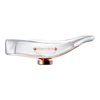 Clear glass lamp with a sleek, curved design and a rose gold base, showcasing a modern, minimalist aesthetic.