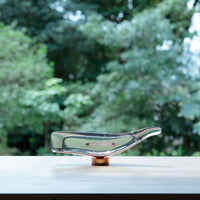 Clear glass bowl with a sleek design, featuring a rose gold base against a soft green outdoor backdrop.