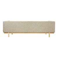 Beige textured upholstery on a minimalist sofa, featuring a natural wood base for a modern aesthetic.