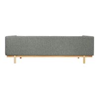 Gray fabric sofa with a simple, modern design and wooden legs, perfect for contemporary interiors.