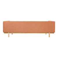 Orange upholstered sofa with a minimalist design and natural wood legs, offering a modern aesthetic for any space.