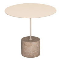 Cream round tabletop with a textured beige marble base, featuring a minimalist design and smooth surface.