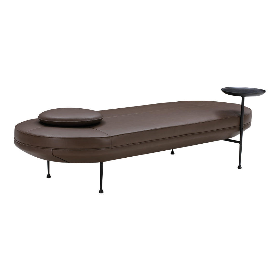 Brown oval lounge chair with a smooth leather-like texture and sleek black metal accents.