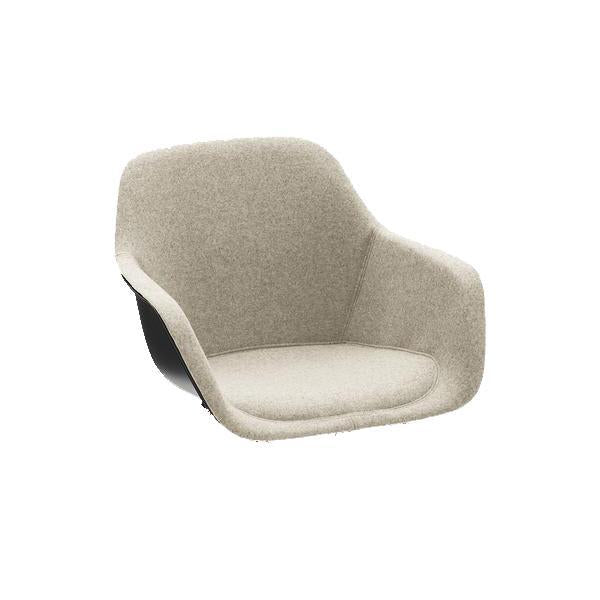 Elegant beige upholstered chair with a smooth, curved silhouette and a contrasting black base. Perfect for modern decor.